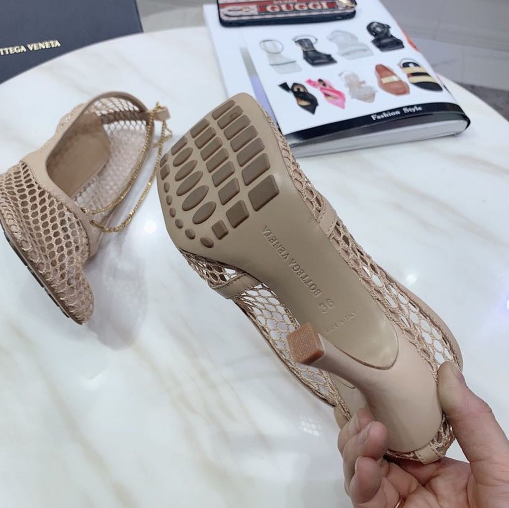 Bottega Veneta Mesh Chain Embellished Square Toe Sandals Lambskin Leather Fall/Winter 2019 Collection, Beige