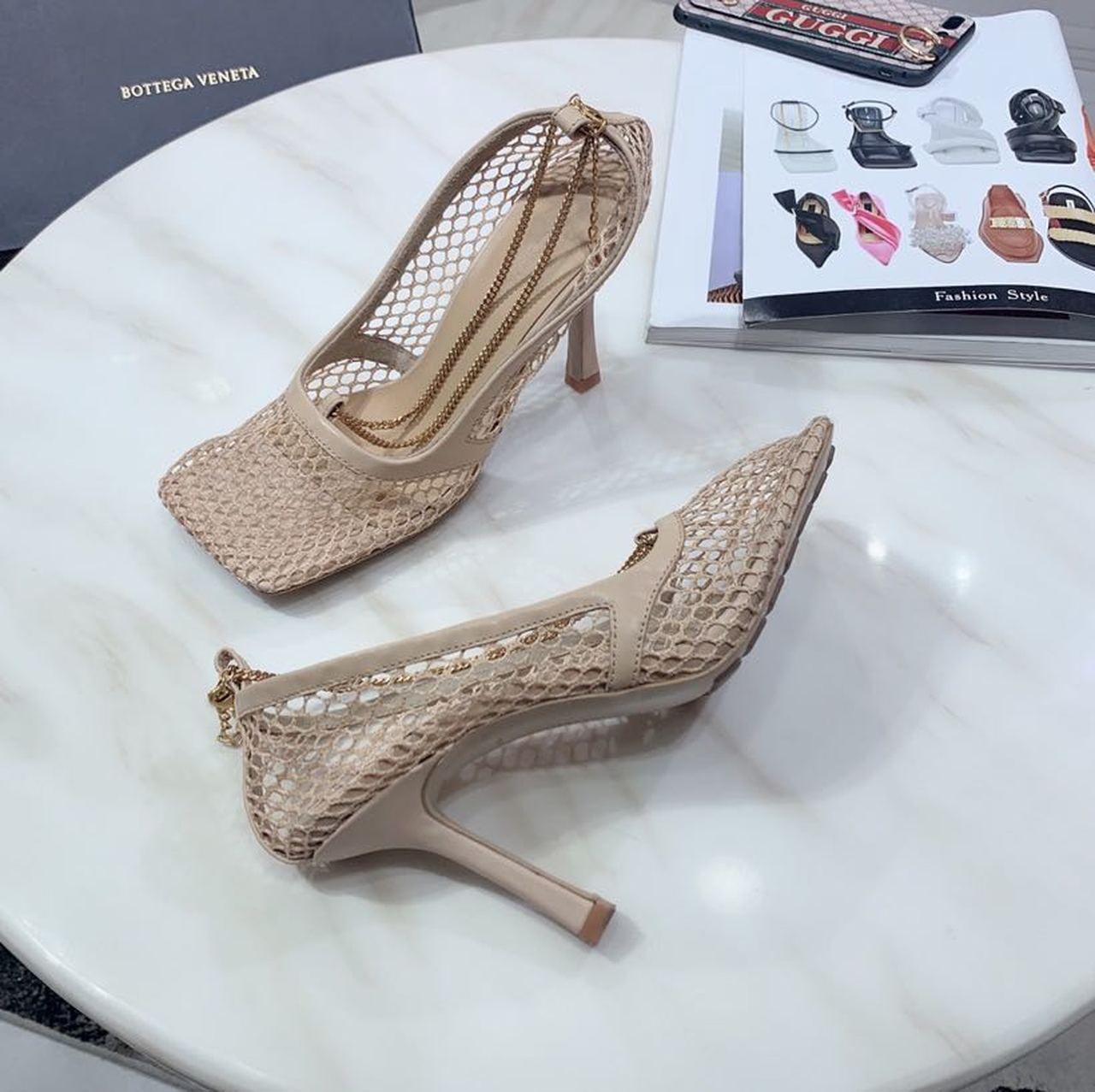 Bottega Veneta Mesh Chain Embellished Square Toe Sandals Lambskin Leather Fall/Winter 2019 Collection, Beige