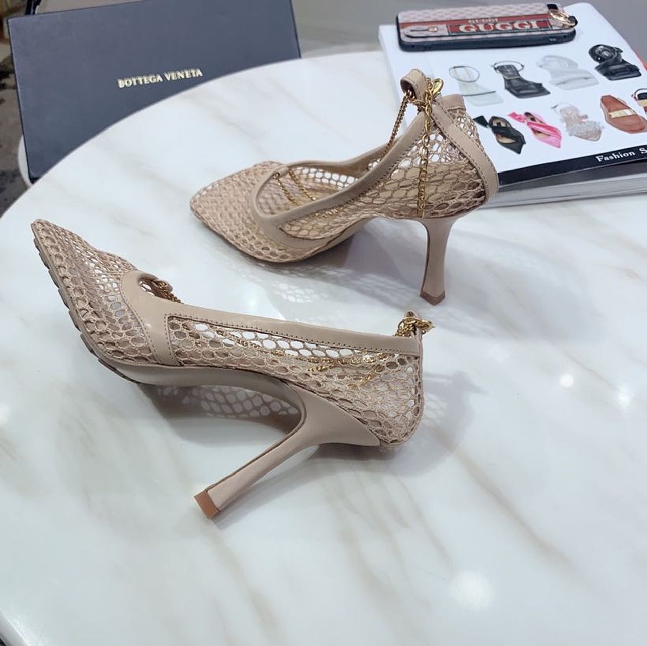 Bottega Veneta Mesh Chain Embellished Square Toe Sandals Lambskin Leather Fall/Winter 2019 Collection, Beige