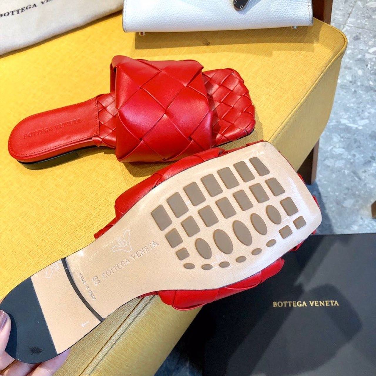 Bottega Veneta Lido Flat Square Toe Sandals Lambskin Leather Fall/Winter 2019 Collection, Red