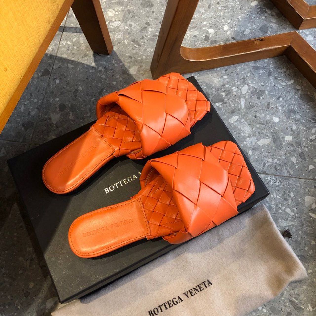Bottega Veneta Lido Flat Square Toe Sandals Lambskin Leather Fall/Winter 2019 Collection, Orange