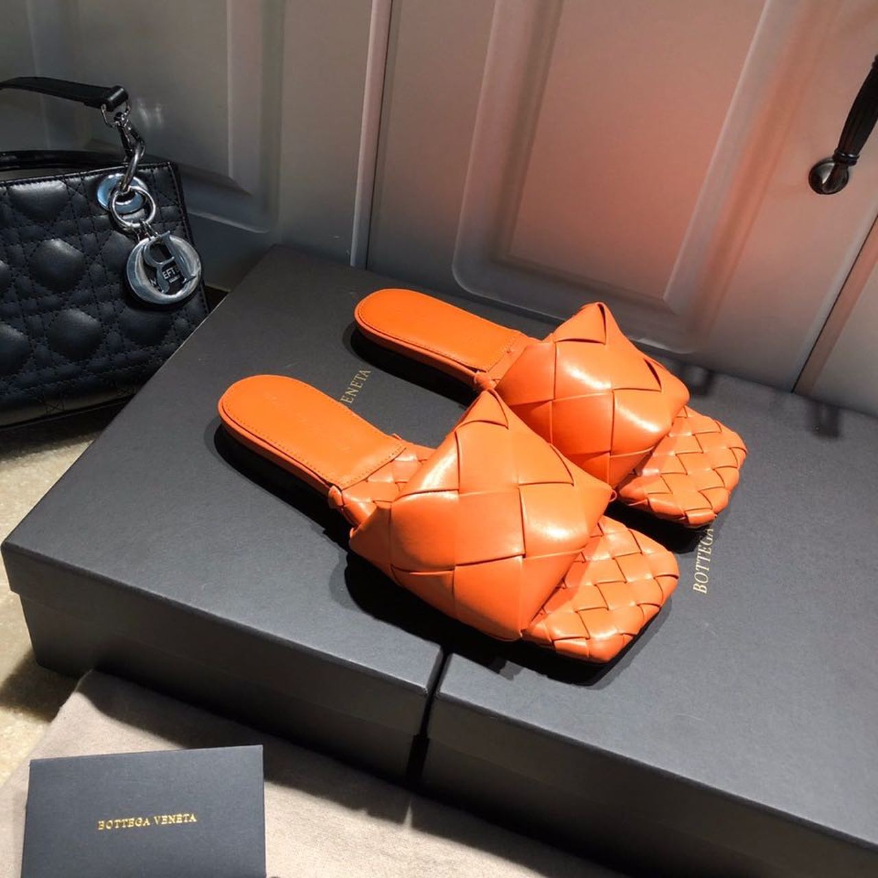 Bottega Veneta Lido Flat Square Toe Sandals Lambskin Leather Fall/Winter 2019 Collection, Orange