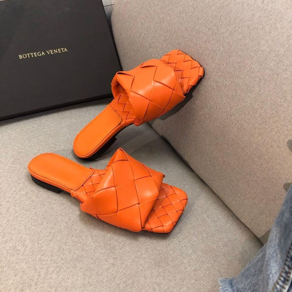 Bottega Veneta Lido Flat Square Toe Sandals Lambskin Leather Fall/Winter 2019 Collection, Orange