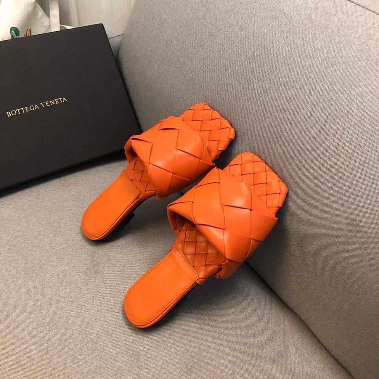 Bottega Veneta Lido Flat Square Toe Sandals Lambskin Leather Fall/Winter 2019 Collection, Orange