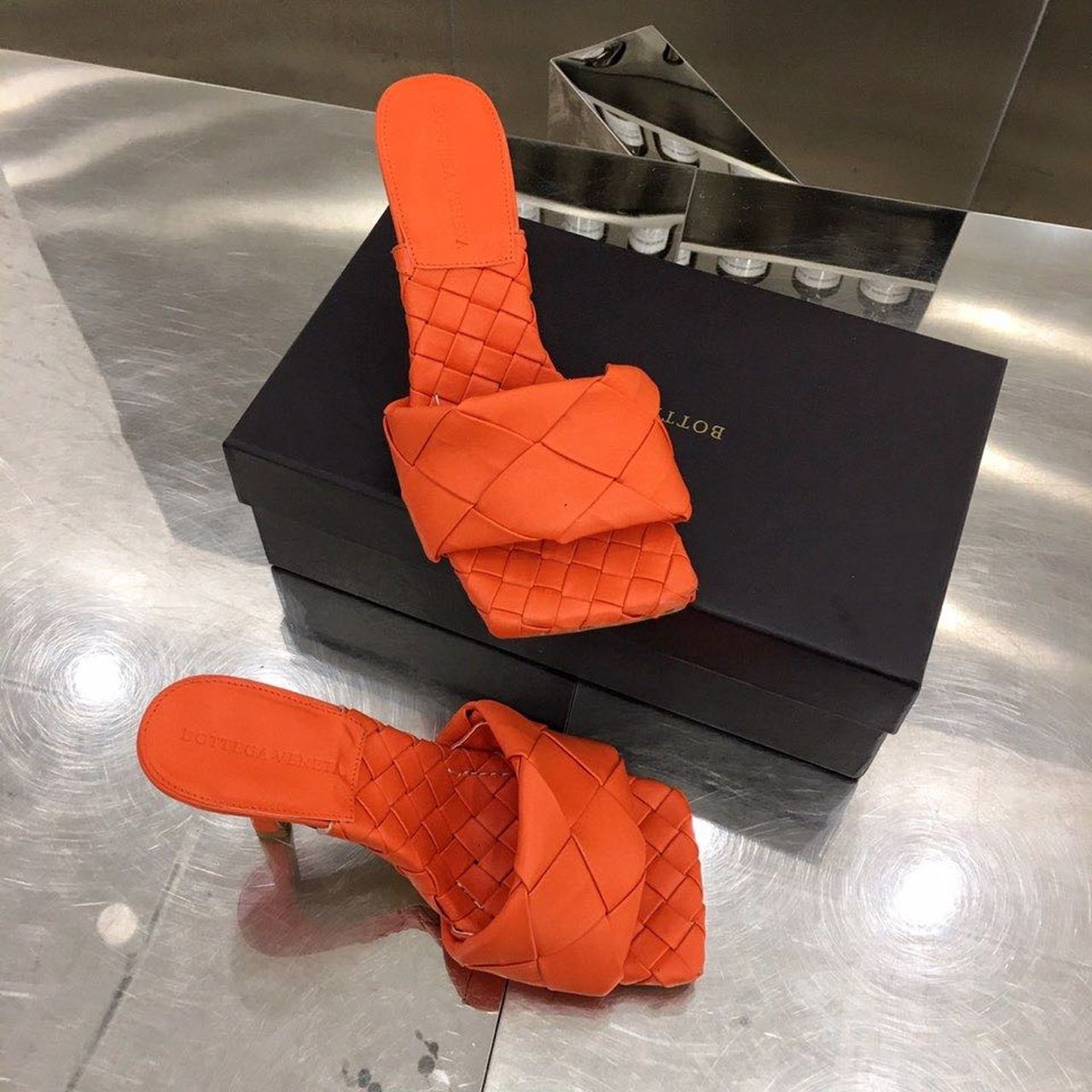 Bottega Veneta Lido Flat Square Toe Heels Lambskin Leather Spring/Summer 2020 Collection, Orange