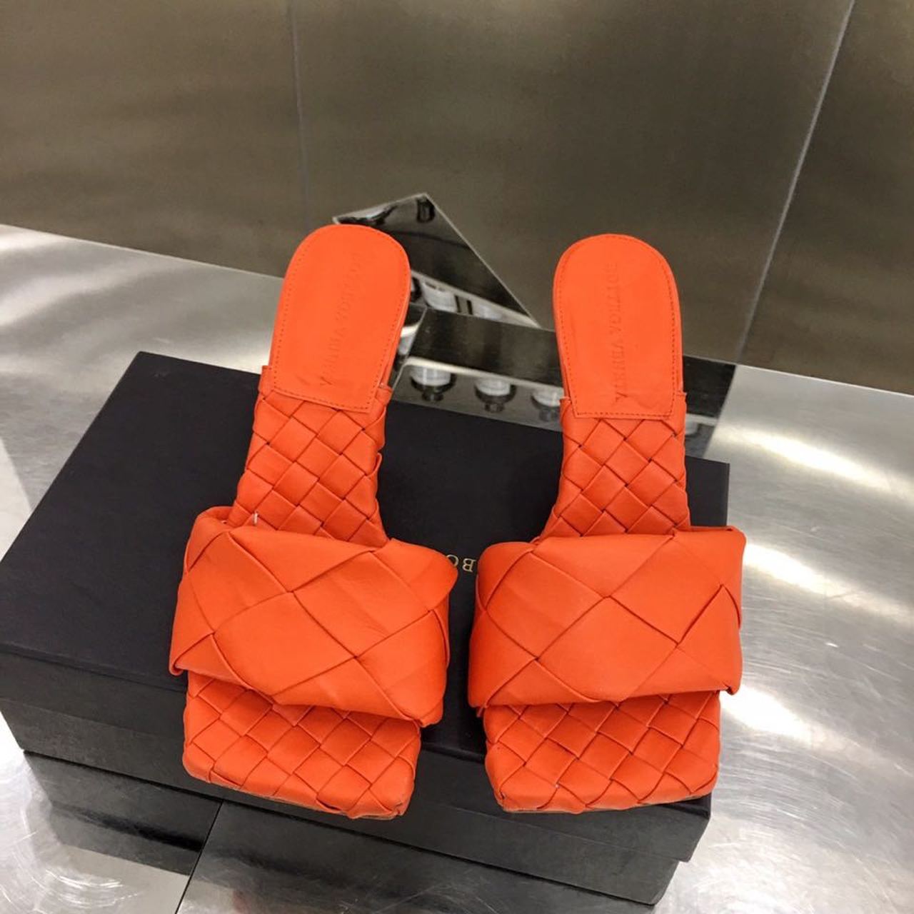 Bottega Veneta Lido Flat Square Toe Heels Lambskin Leather Spring/Summer 2020 Collection, Orange