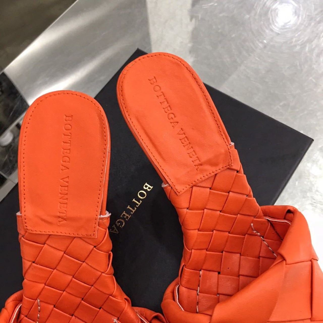 Bottega Veneta Lido Flat Square Toe Heels Lambskin Leather Spring/Summer 2020 Collection, Orange