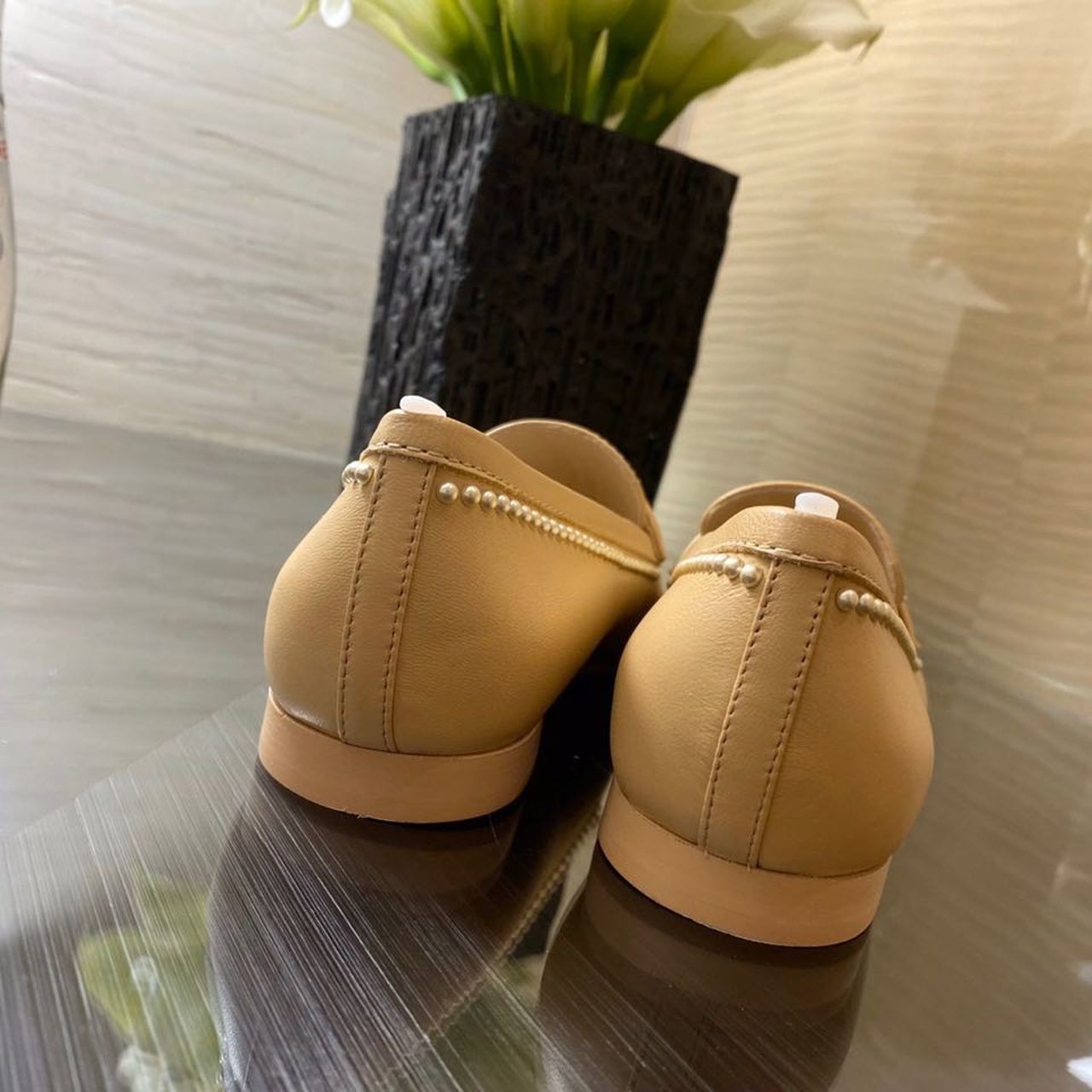 Chanel Pearl Embroidered Flats Sandals Lambskin Leather Spring/Summer Collection Tan