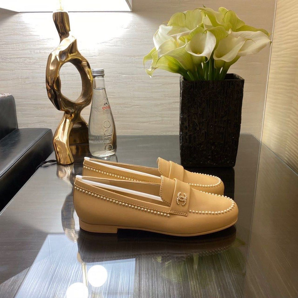 Chanel Pearl Embroidered Flats Sandals Lambskin Leather Spring/Summer Collection Tan
