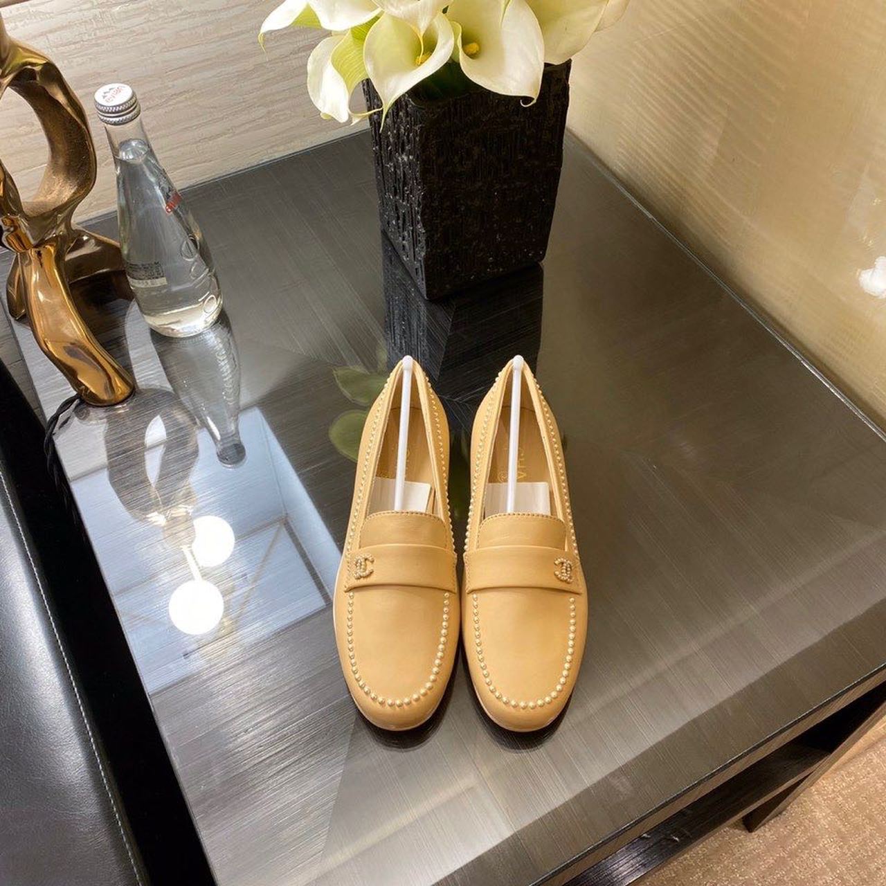 Chanel Pearl Embroidered Flats Sandals Lambskin Leather Spring/Summer Collection Tan