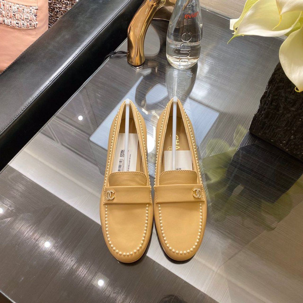 Chanel Pearl Embroidered Flats Sandals Lambskin Leather Spring/Summer Collection Tan