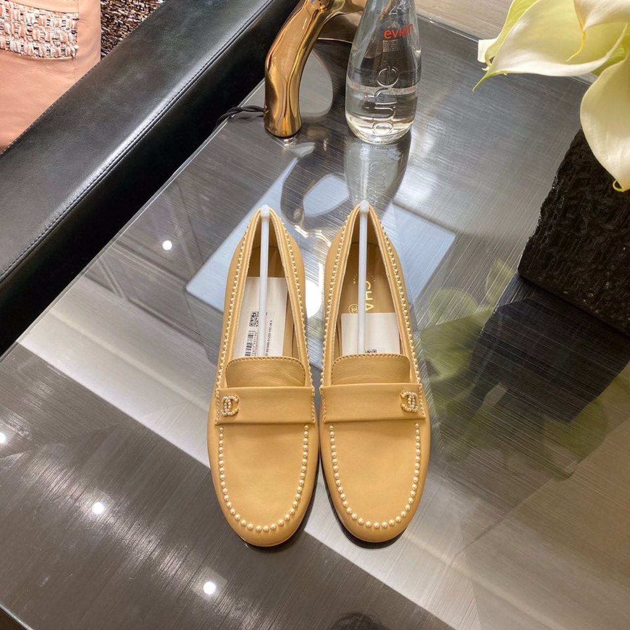 Chanel Pearl Embroidered Flats Sandals Lambskin Leather Spring/Summer Collection Tan