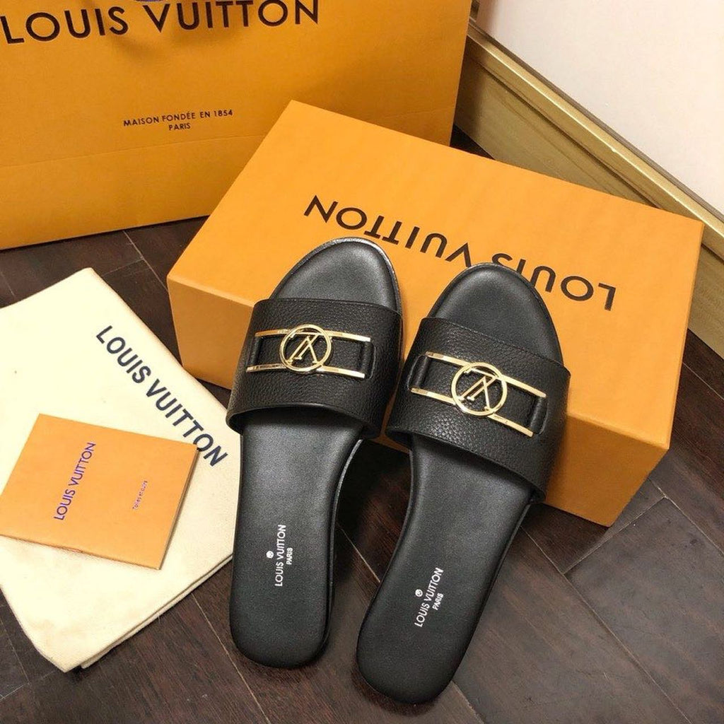 Louis Vuitton Lock It Flat Sandals Calfskin Leather Spring/Summer Collection 1A64MN Black
