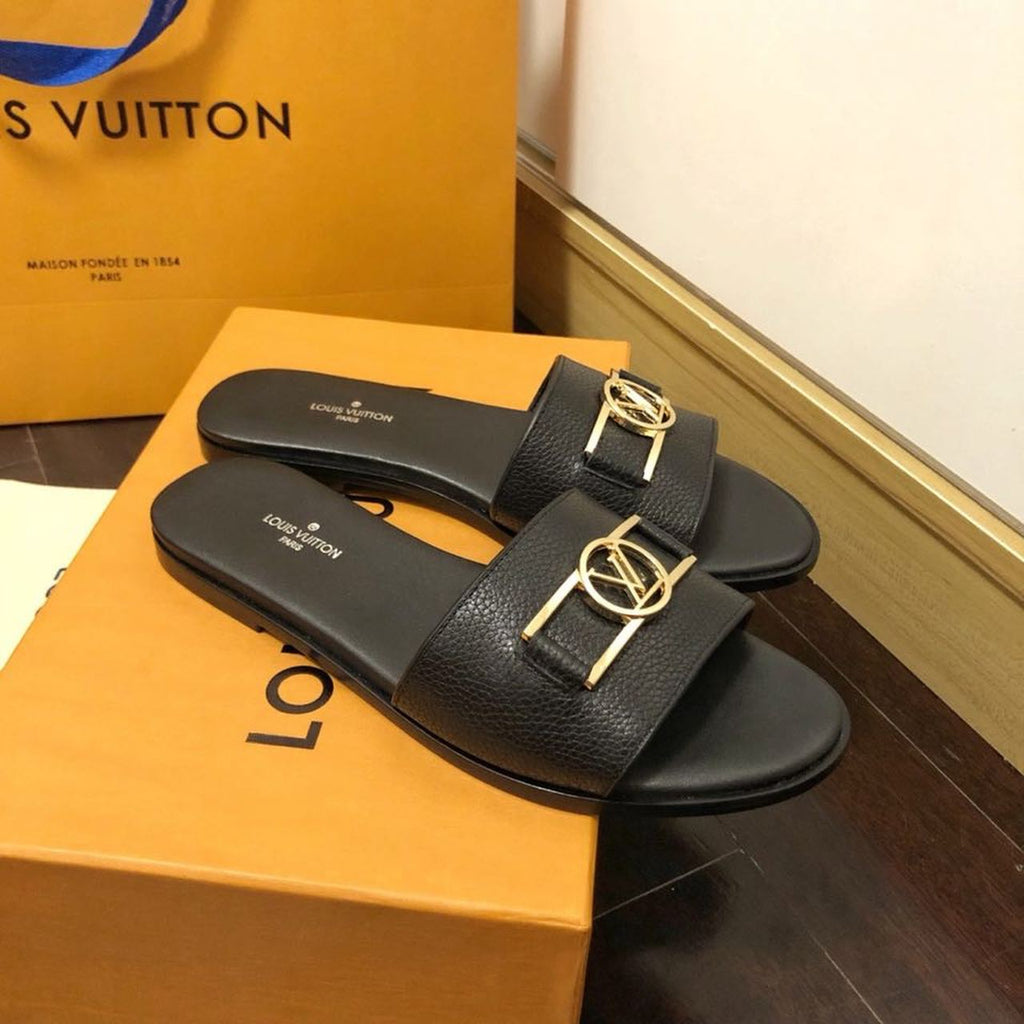 Louis Vuitton Lock It Flat Sandals Calfskin Leather Spring/Summer Collection 1A64MN Black