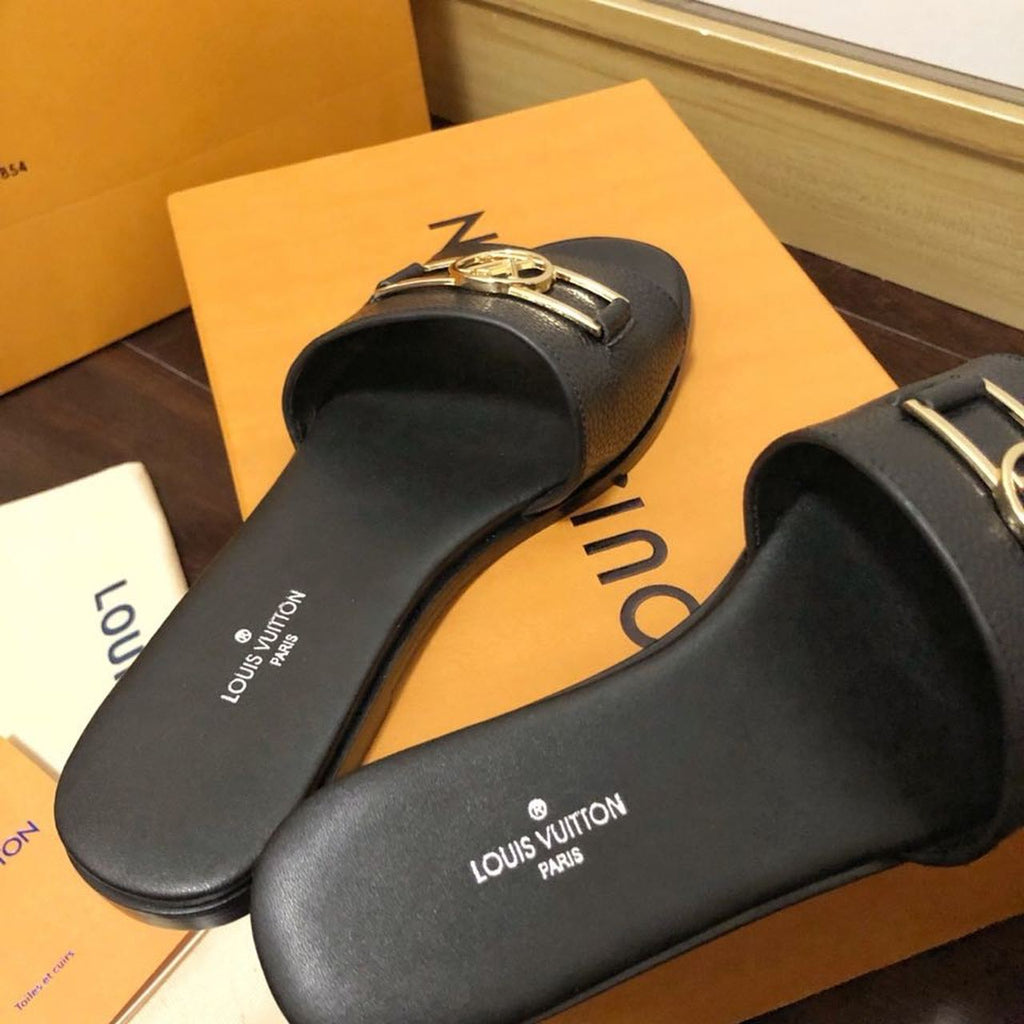 Louis Vuitton Lock It Flat Sandals Calfskin Leather Spring/Summer Collection 1A64MN Black