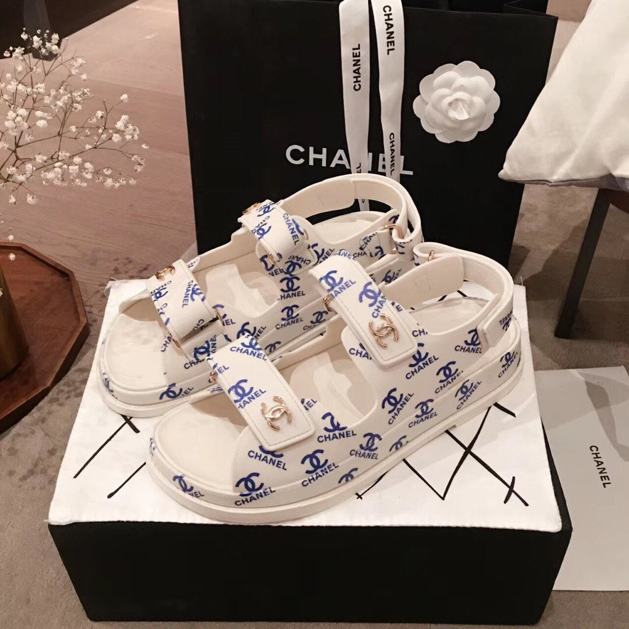 Chanel PVC Velcro Sandals Spring/Summer Act 1 Collection White/Blue