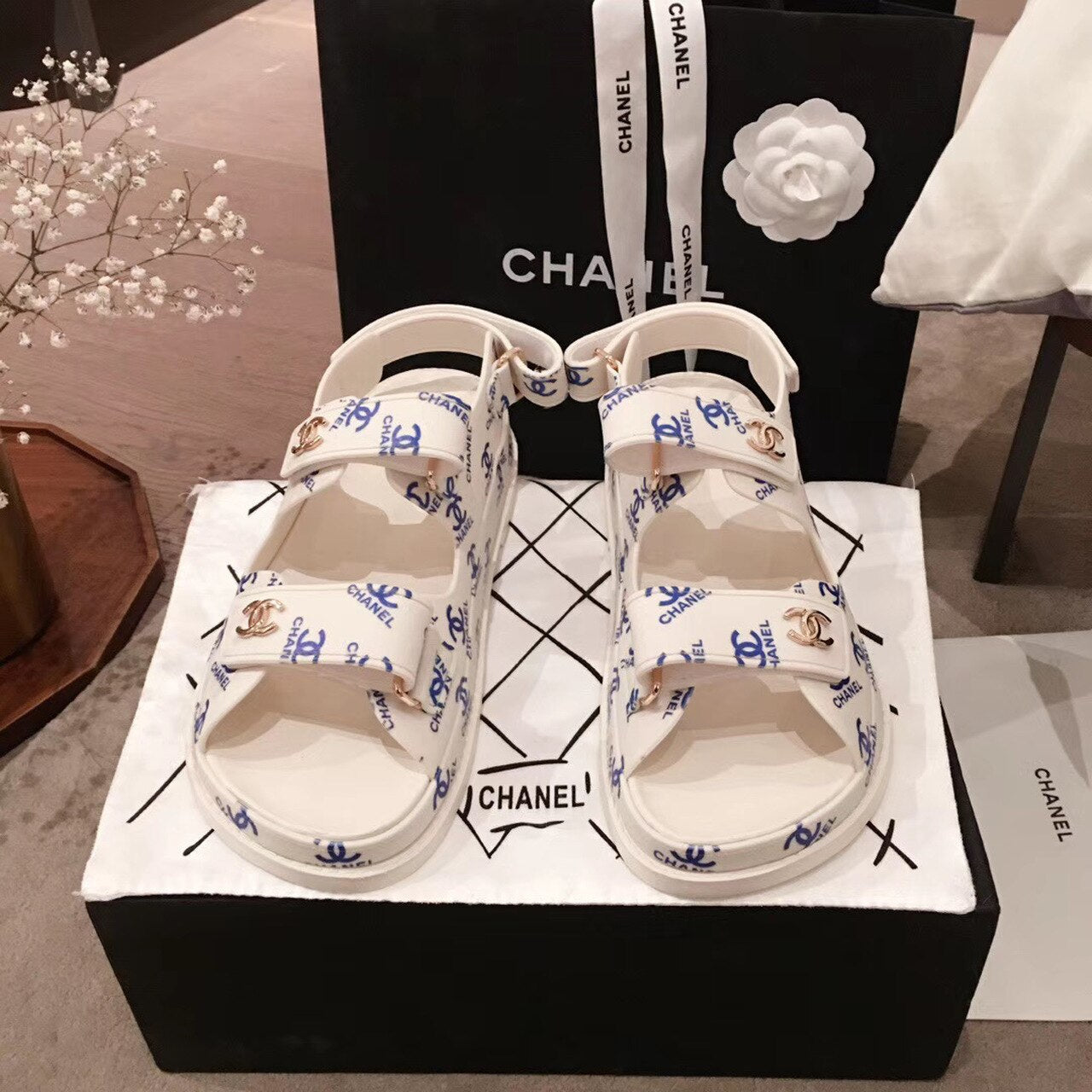 Chanel PVC Velcro Sandals Spring/Summer Act 1 Collection White/Blue
