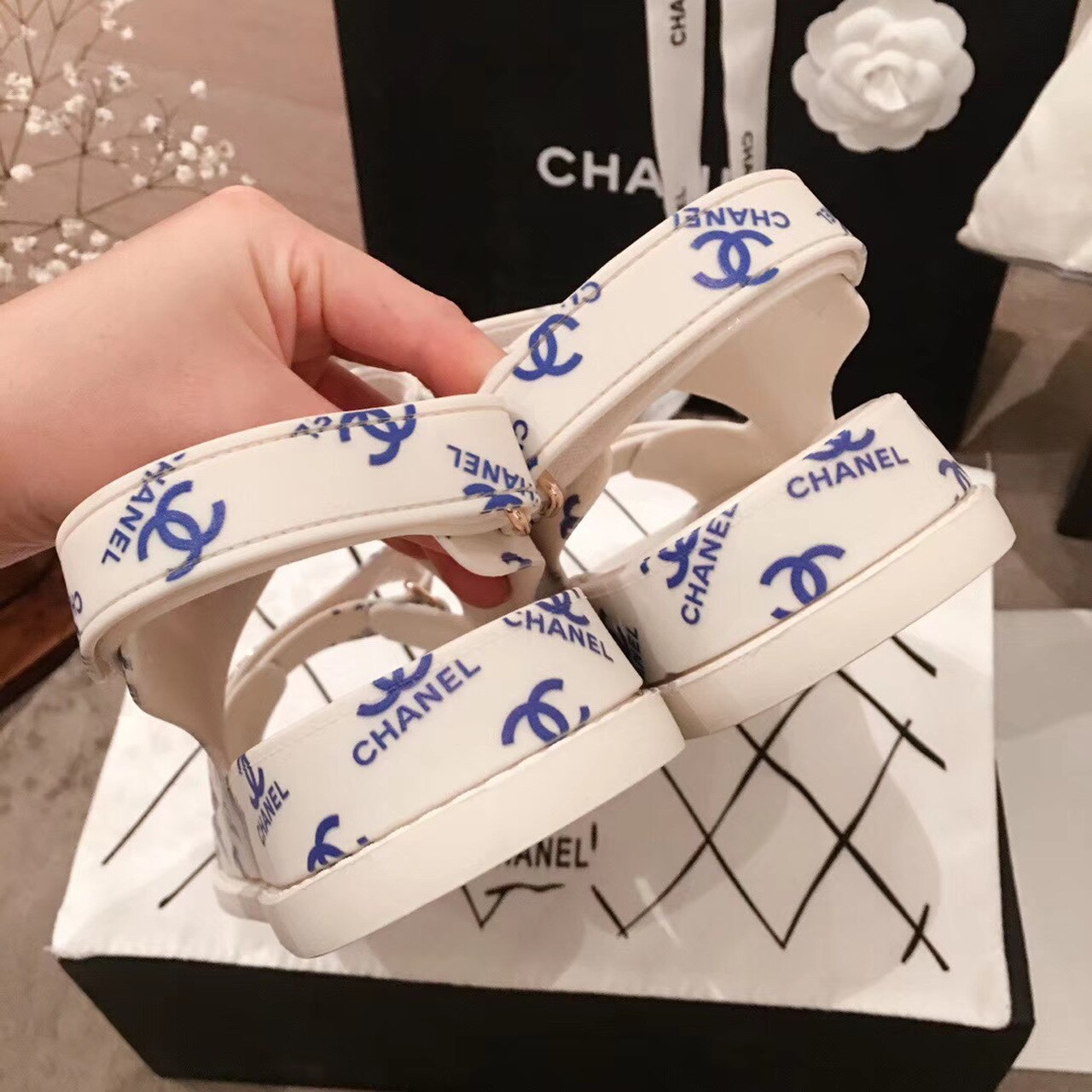 Chanel PVC Velcro Sandals Spring/Summer Act 1 Collection White/Blue