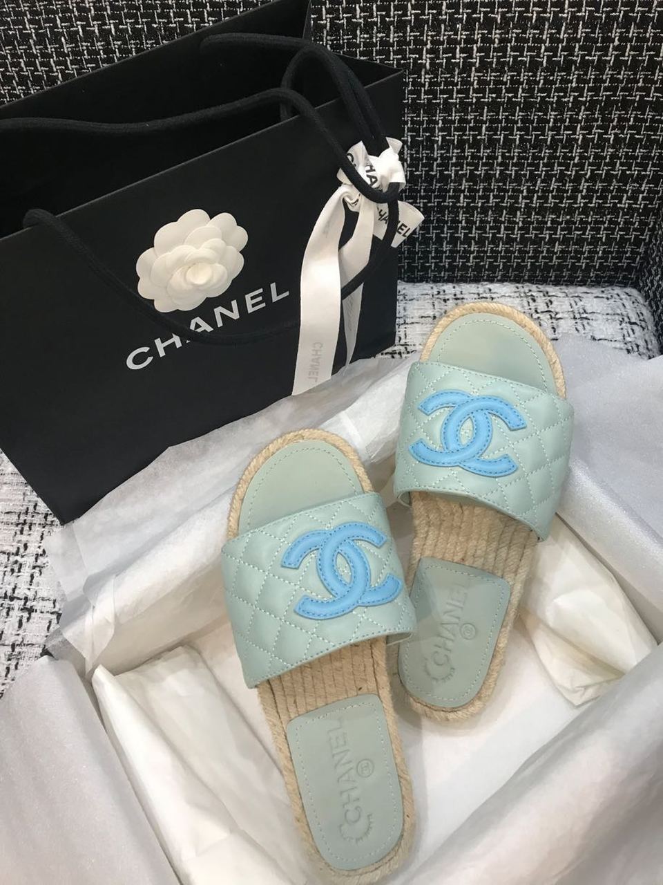 Chanel Quilted CC Logo Espadrille Slippers Calfskin Leather Spring/Summer Collection Light Blue/Blue