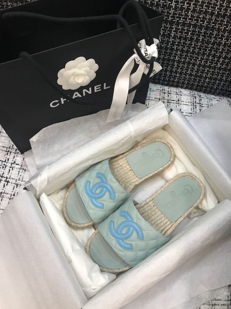 Chanel Quilted CC Logo Espadrille Slippers Calfskin Leather Spring/Summer Collection Light Blue/Blue