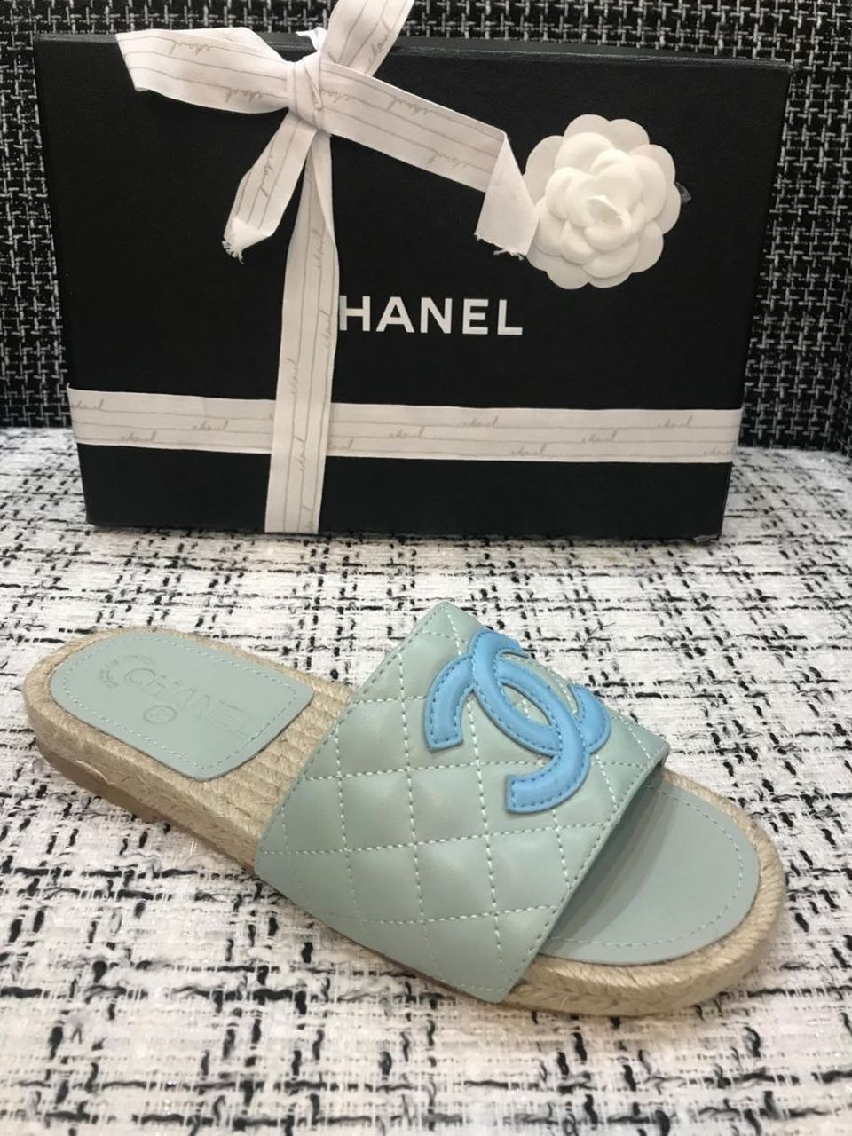 Chanel Quilted CC Logo Espadrille Slippers Calfskin Leather Spring/Summer Collection Light Blue/Blue