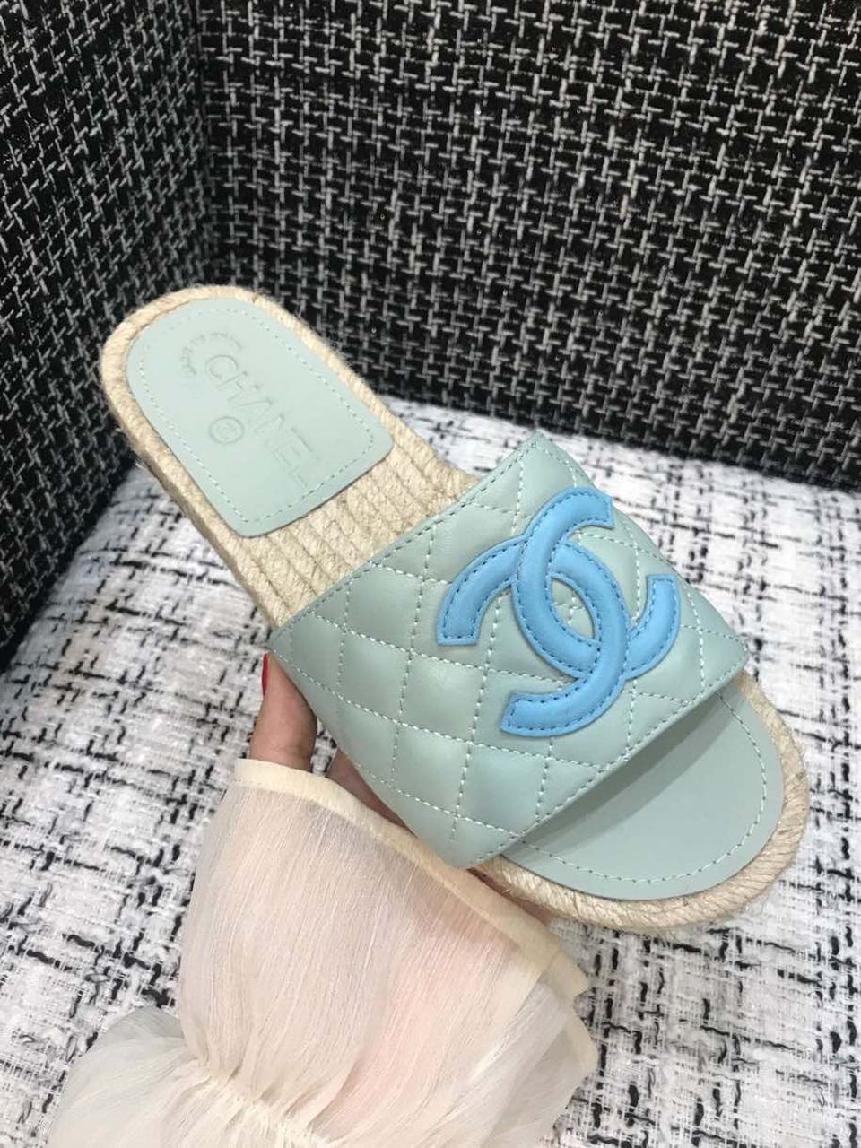 Chanel Quilted CC Logo Espadrille Slippers Calfskin Leather Spring/Summer Collection Light Blue/Blue