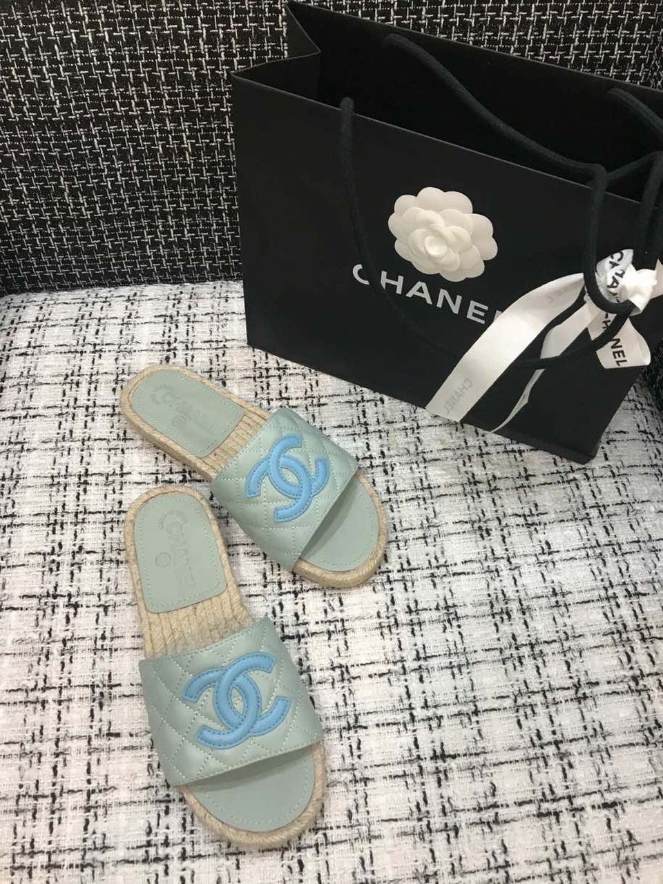 Chanel Quilted CC Logo Espadrille Slippers Calfskin Leather Spring/Summer Collection Light Blue/Blue