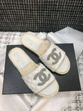 Chanel Quilted CC Logo Espadrille Slippers Calfskin Leather Spring/Summer Collection White/Grey