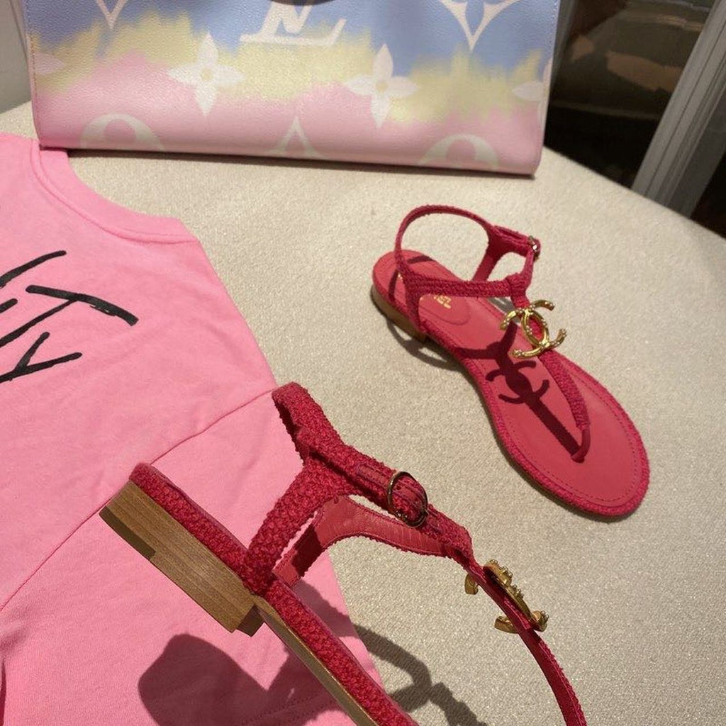 Chanel Pearl Embroidered CC Logo Thong Sandals Calfskin Leather Spring/Summer Act 1 Collection, Red