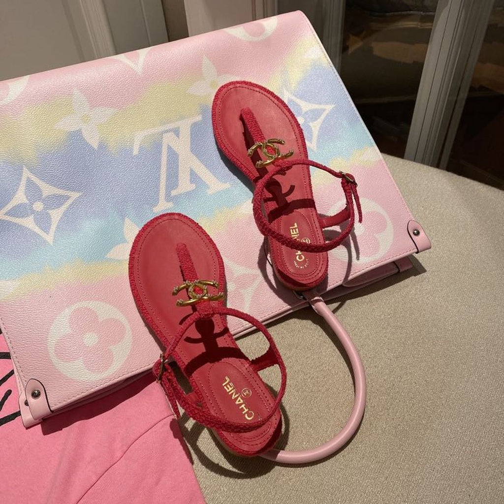 Chanel Pearl Embroidered CC Logo Thong Sandals Calfskin Leather Spring/Summer Act 1 Collection, Red