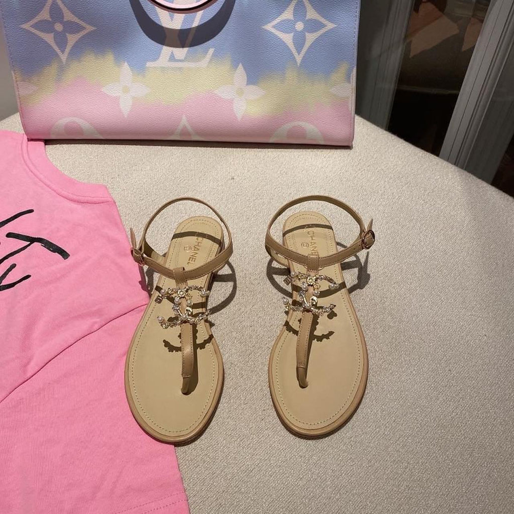 Chanel Pearl Embroidered CC Logo Thong Sandals Calfskin Leather Spring/Summer Act 1 Collection Beige