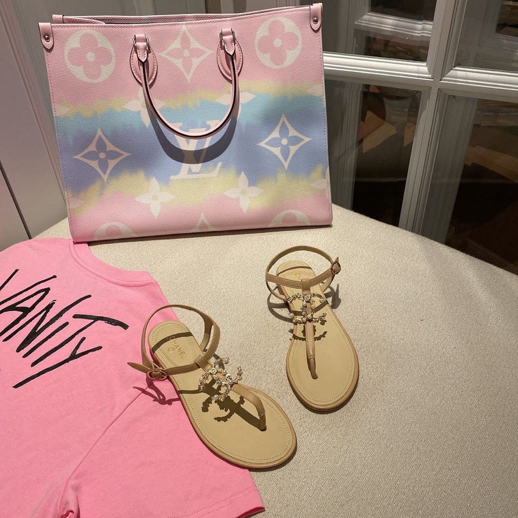 Chanel Pearl Embroidered CC Logo Thong Sandals Calfskin Leather Spring/Summer Act 1 Collection Beige