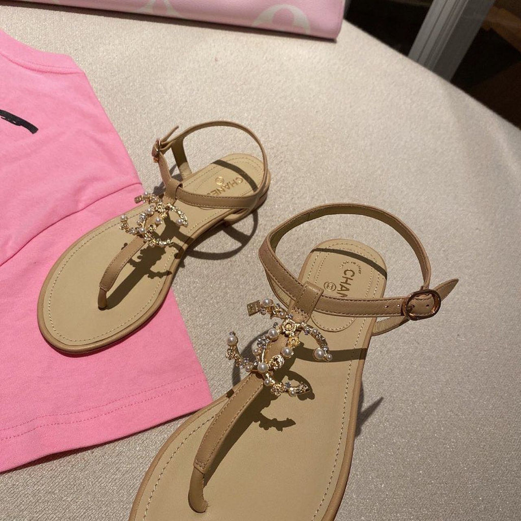Chanel Pearl Embroidered CC Logo Thong Sandals Calfskin Leather Spring/Summer Act 1 Collection Beige