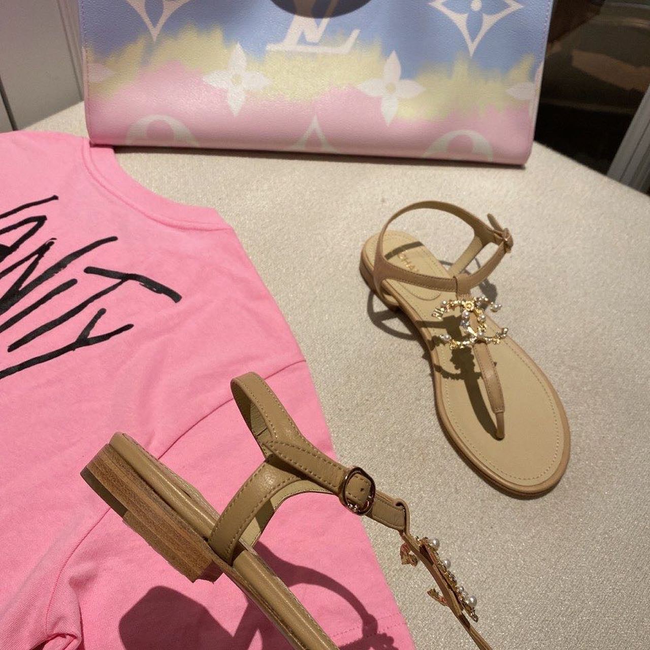 Chanel Pearl Embroidered CC Logo Thong Sandals Calfskin Leather Spring/Summer Act 1 Collection Beige