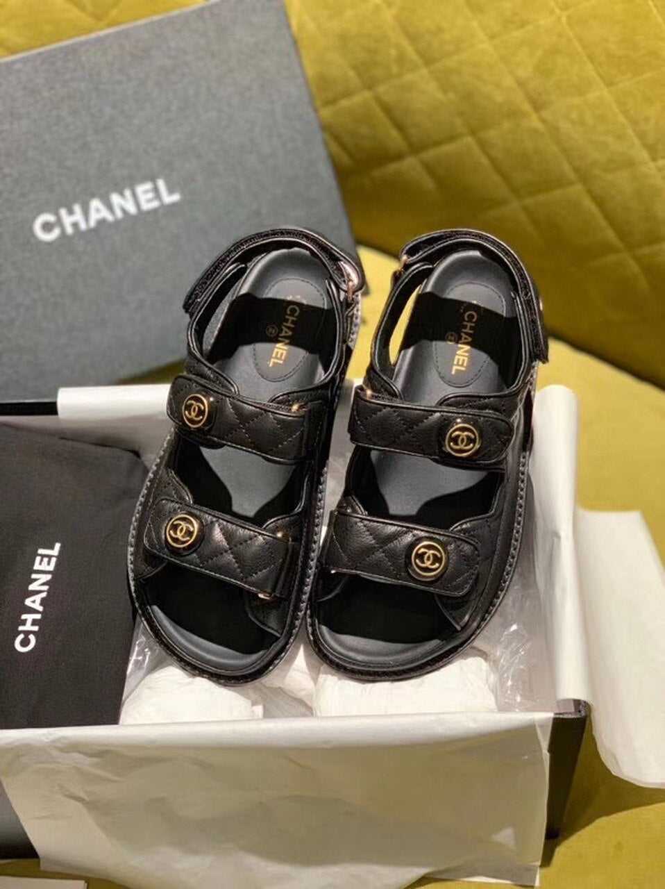 Chanel Velcro Beach Sandals Calfskin Leather Spring/Summer Act 2 Collection Black
