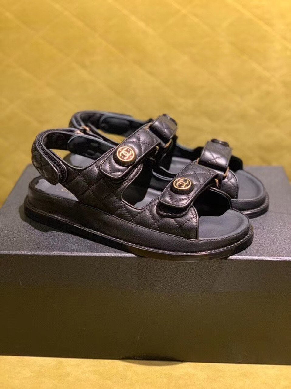 Chanel Velcro Beach Sandals Calfskin Leather Spring/Summer Act 2 Collection Black