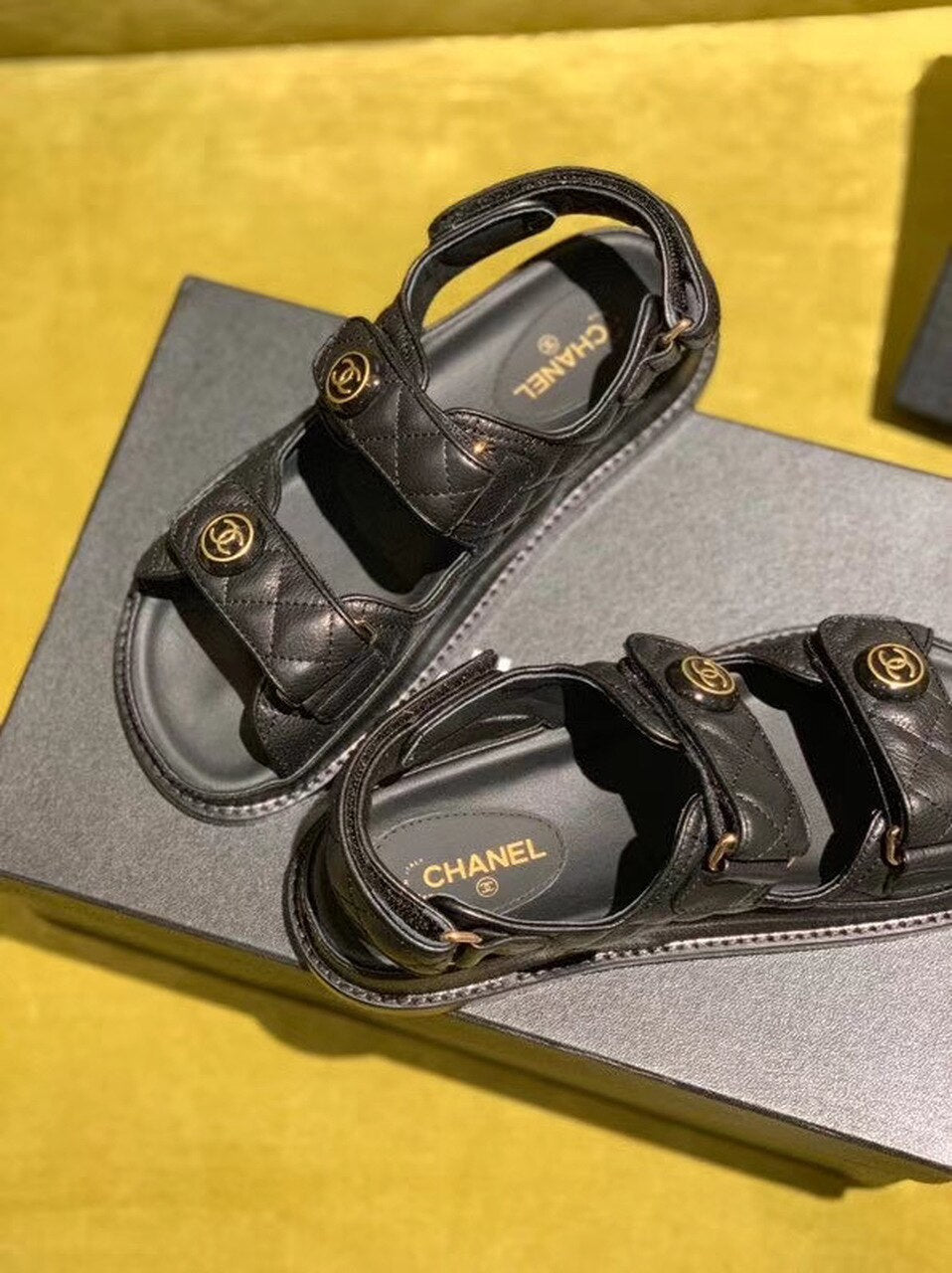 Chanel Velcro Beach Sandals Calfskin Leather Spring/Summer Act 2 Collection Black