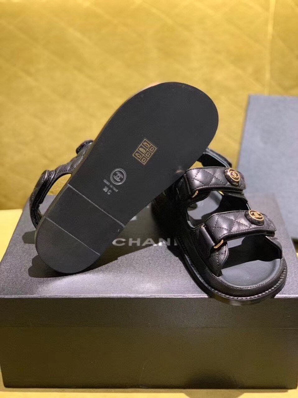 Chanel Velcro Beach Sandals Calfskin Leather Spring/Summer Act 2 Collection Black