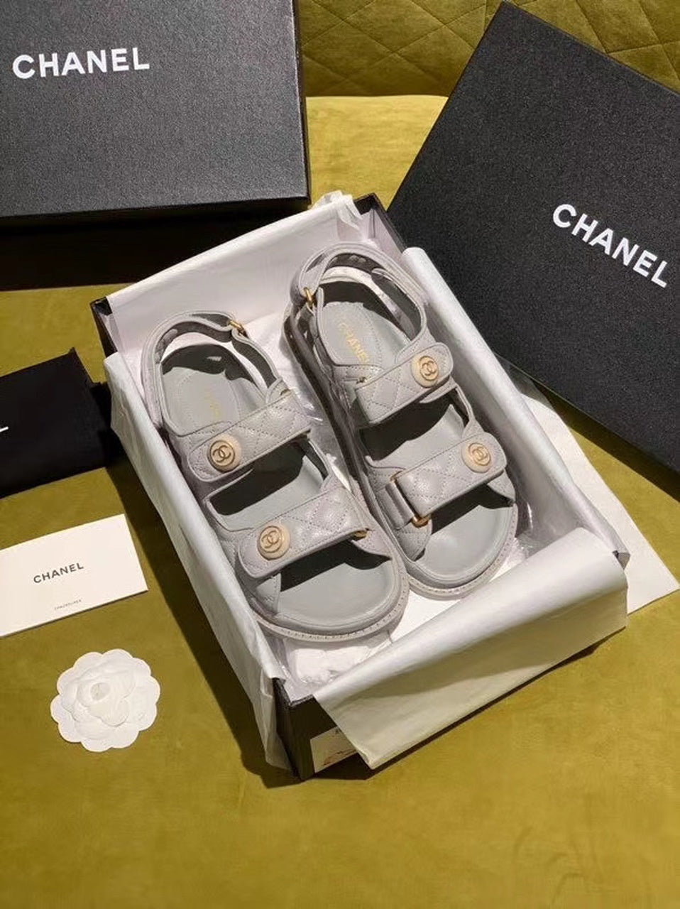 Chanel Velcro Beach Sandals Calfskin Leather Spring/Summer Act 2 Collection Grey