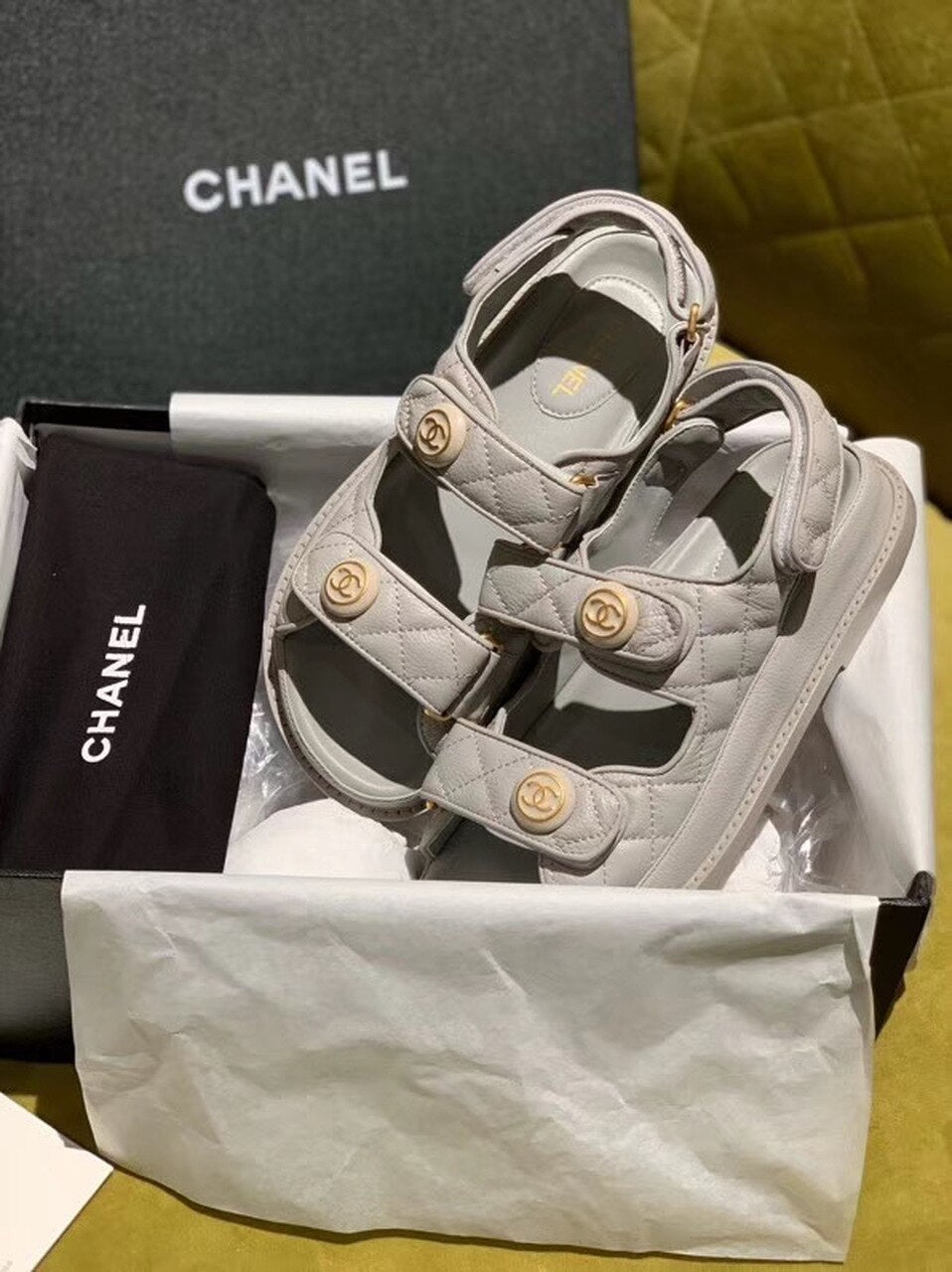 Chanel Velcro Beach Sandals Calfskin Leather Spring/Summer Act 2 Collection Grey