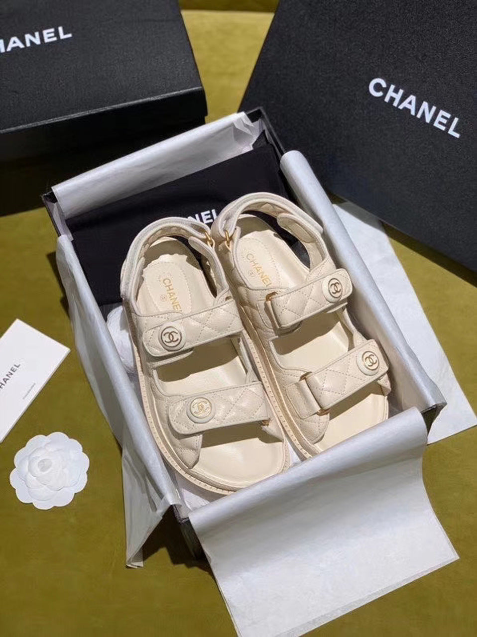 Chanel Velcro Beach Sandals Calfskin Leather Spring/Summer Act 2 Collection Off White