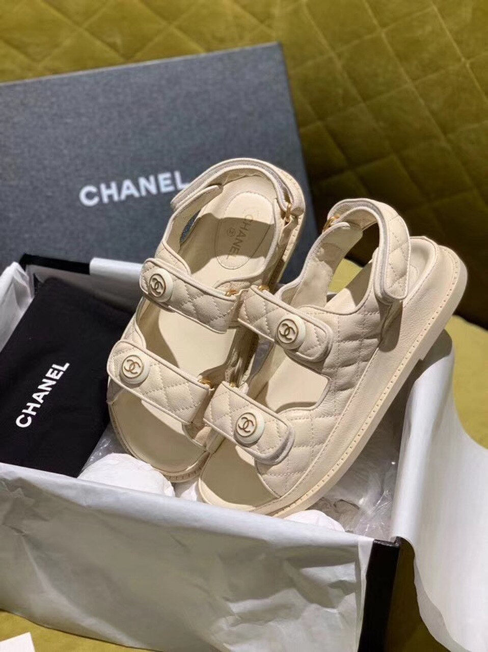Chanel Velcro Beach Sandals Calfskin Leather Spring/Summer Act 2 Collection Off White
