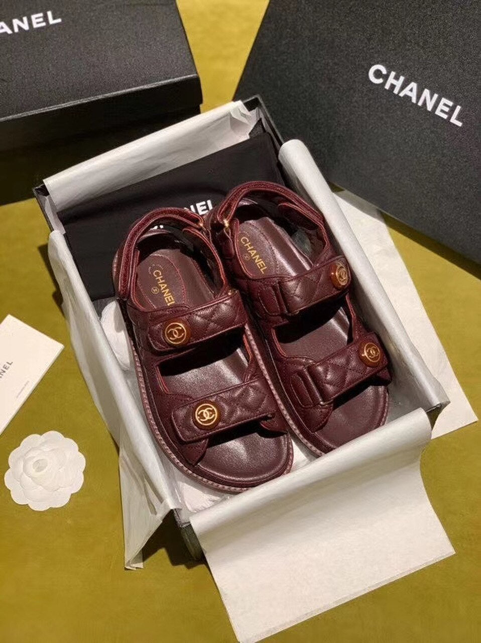 Chanel Velcro Beach Sandals Calfskin Leather Spring/Summer Act 2 Collection Burgundy