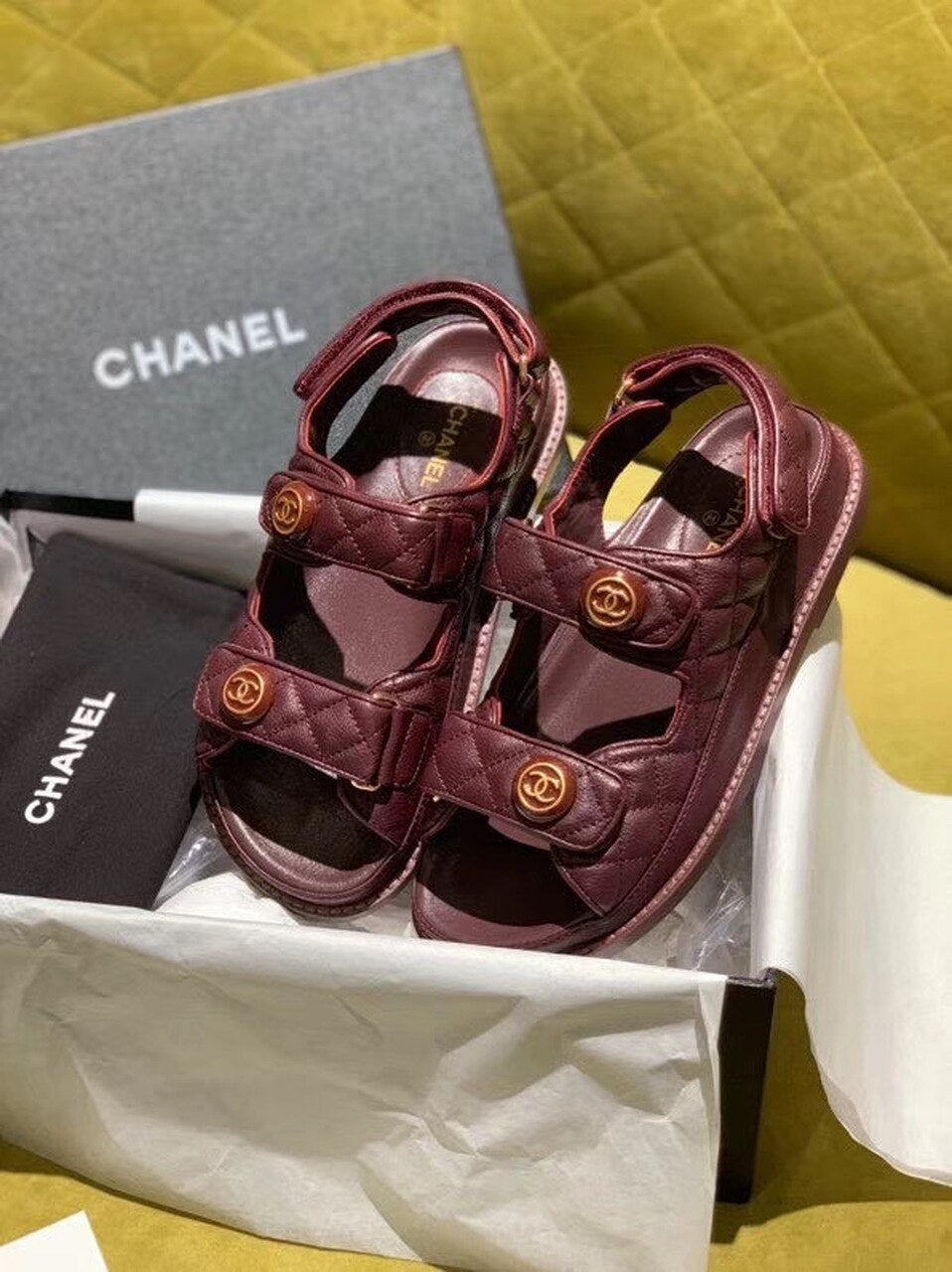 Chanel Velcro Beach Sandals Calfskin Leather Spring/Summer Act 2 Collection Burgundy