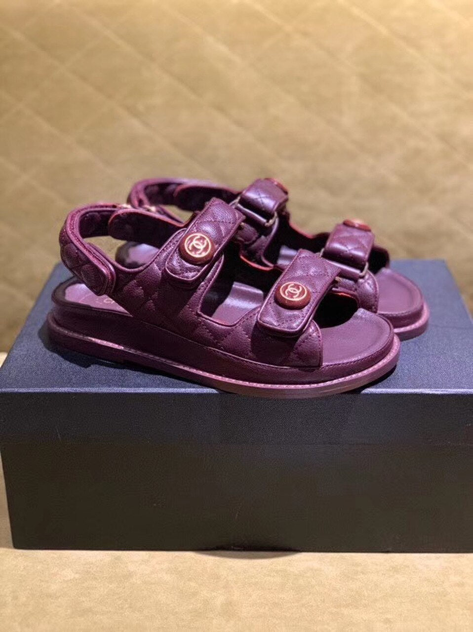 Chanel Velcro Beach Sandals Calfskin Leather Spring/Summer Act 2 Collection Burgundy