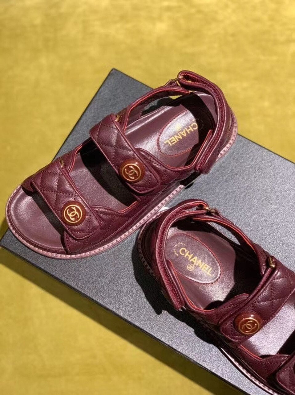 Chanel Velcro Beach Sandals Calfskin Leather Spring/Summer Act 2 Collection Burgundy