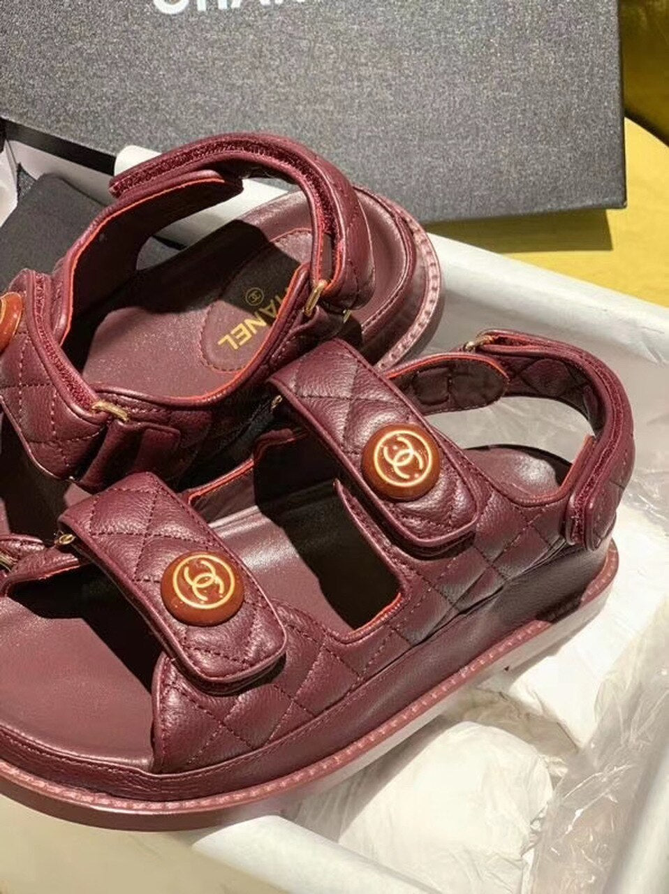 Chanel Velcro Beach Sandals Calfskin Leather Spring/Summer Act 2 Collection Burgundy