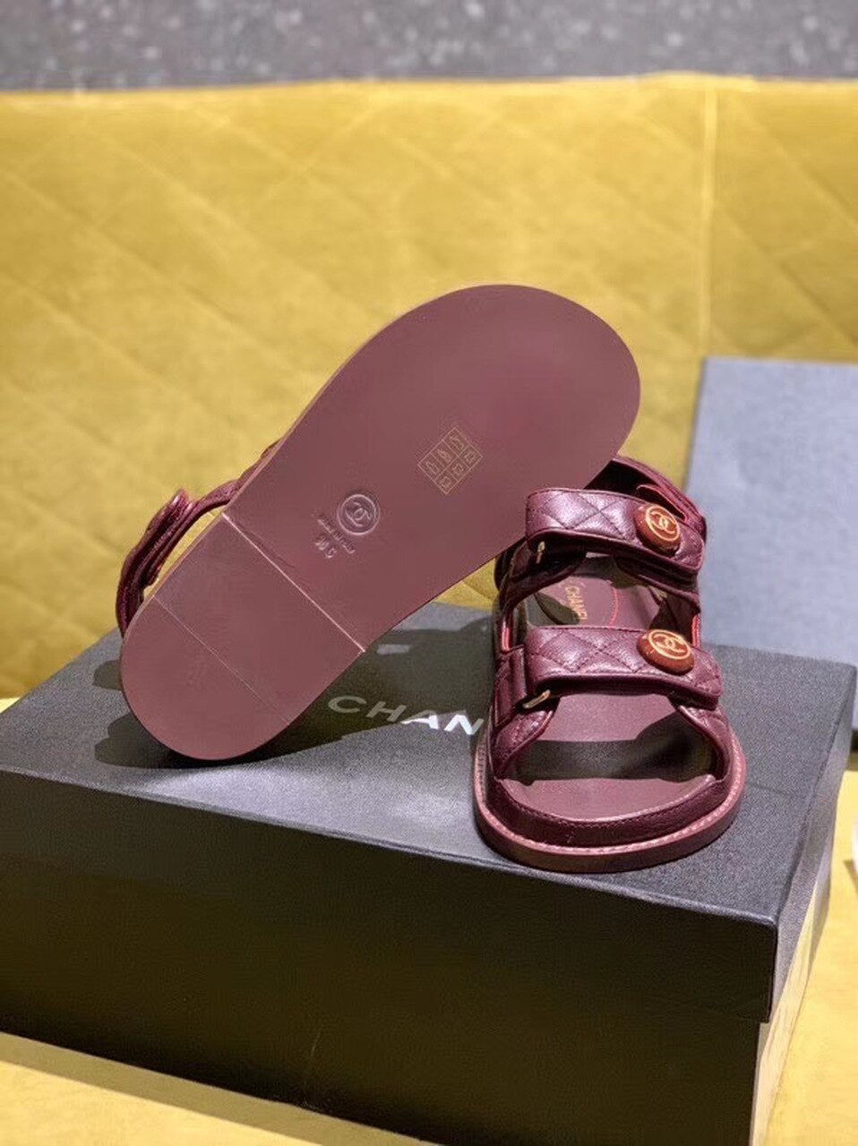 Chanel Velcro Beach Sandals Calfskin Leather Spring/Summer Act 2 Collection Burgundy
