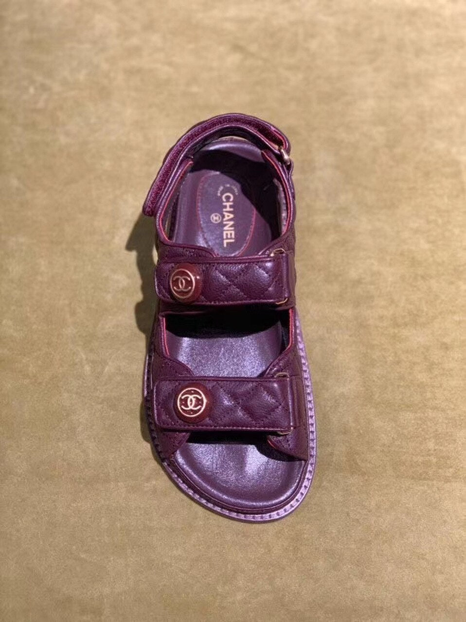 Chanel Velcro Beach Sandals Calfskin Leather Spring/Summer Act 2 Collection Burgundy