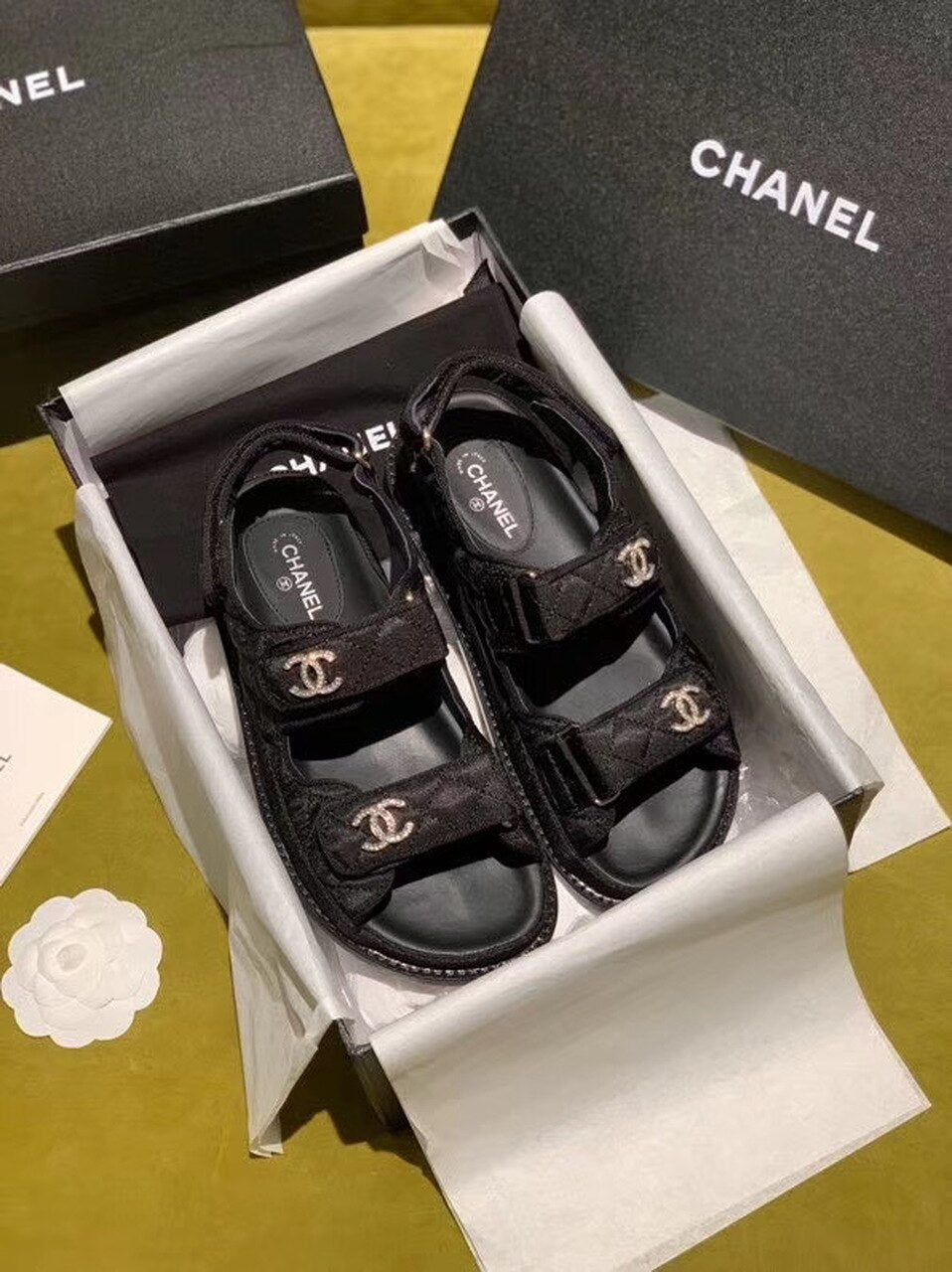 Chanel Satin Velcro Beach Sandals Calfskin Leather Spring/Summer Act 2 Collection Black